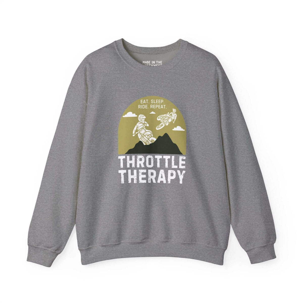 Grey "Throttle Therapy" sweatshirt featuring dirt bikers and mountain design, perfect for motocross enthusiasts and adventure seekers.