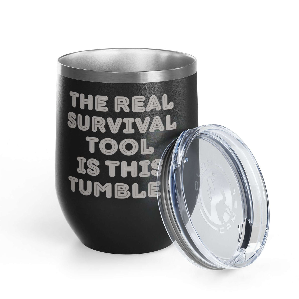 The Real Survival Tool Camping Wine Tumbler 12 oz with a clear lid and stylish black design.