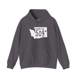 From the 509 Spokane hoodie with Washington state silhouette and star marking Spokane in bold text.