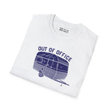 Out of Office Camper Softstyle T-Shirt featuring a retro travel trailer design, perfect for road trips and adventures.