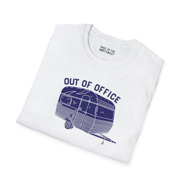Out of Office Camper Softstyle T-Shirt featuring a retro travel trailer design, perfect for road trips and adventures.