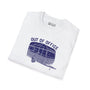 Out of Office Camper Softstyle T-Shirt featuring a retro travel trailer design, perfect for road trips and adventures.