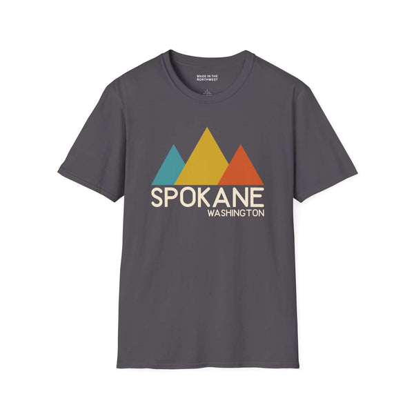 Modern Peaks Spokane T Shirt featuring a stylish mountain design and Spokane, Washington text.