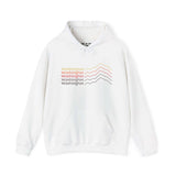 Washington Minimalist Mountain Hoodie with colorful stacked mountain design on a white background.