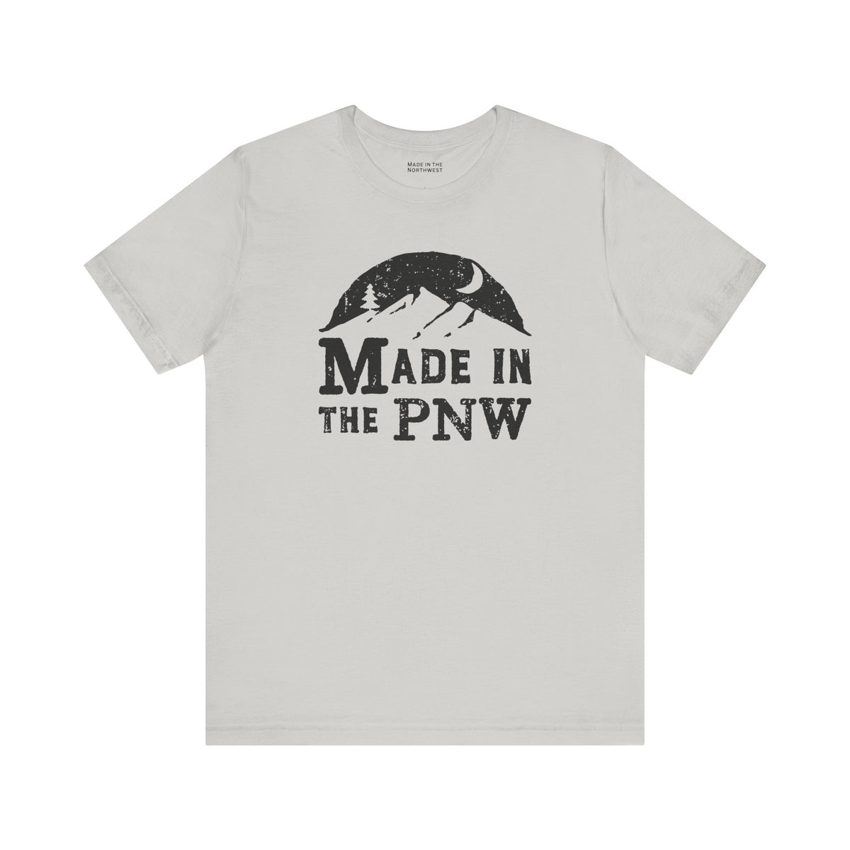 Made in the PNW T Shirt – Distressed Mountain Graphic Tee with mountain design on gray fabric.