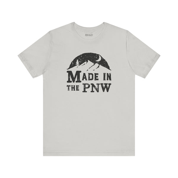 Made in the PNW T Shirt – Distressed Mountain Graphic Tee with mountain design on gray fabric.