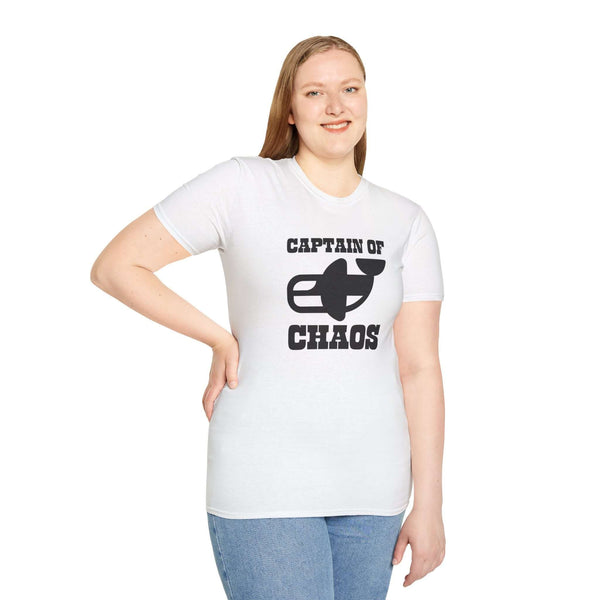 Woman wearing Captain of Chaos Orca Softstyle T-Shirt, featuring playful orca design and bold text.