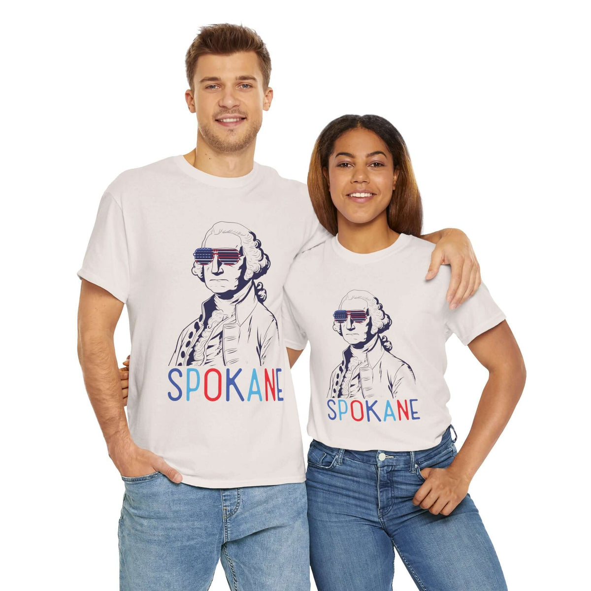 "Couple wearing George Spokane patriotic tees with USA sunglasses graphic, celebrating Spokane and Fourth of July spirit."