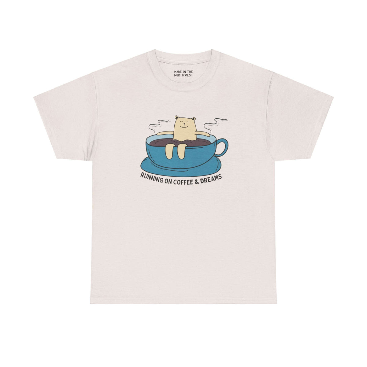 "Running on Coffee and Dreams tee featuring a bear in a coffee cup, perfect for coffee lovers and adventure seekers."