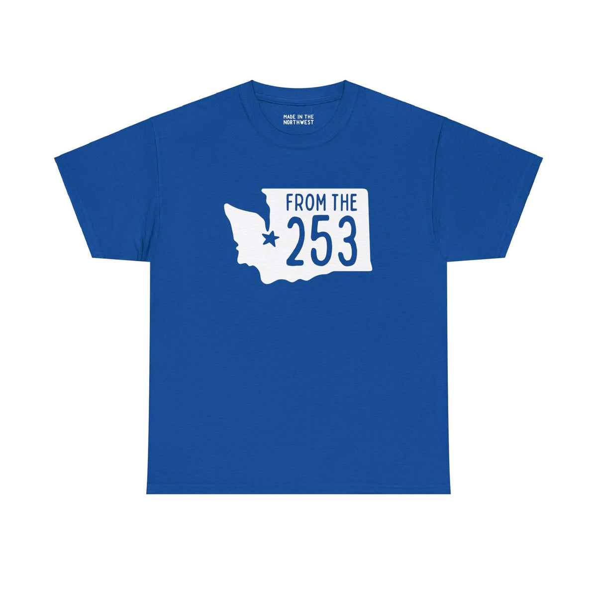 Blue "From the 253" athletic tee with Washington state silhouette and Tacoma star, representing local pride and area code 253.