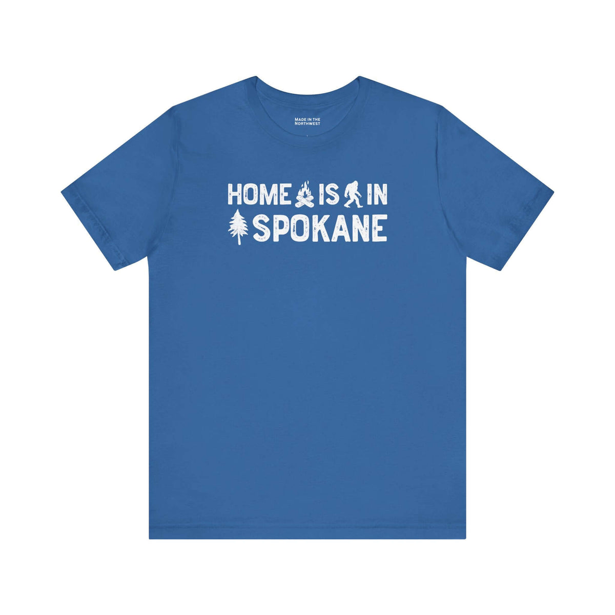 Home Is in Spokane Tee with blue background featuring adventurous symbols of the region.