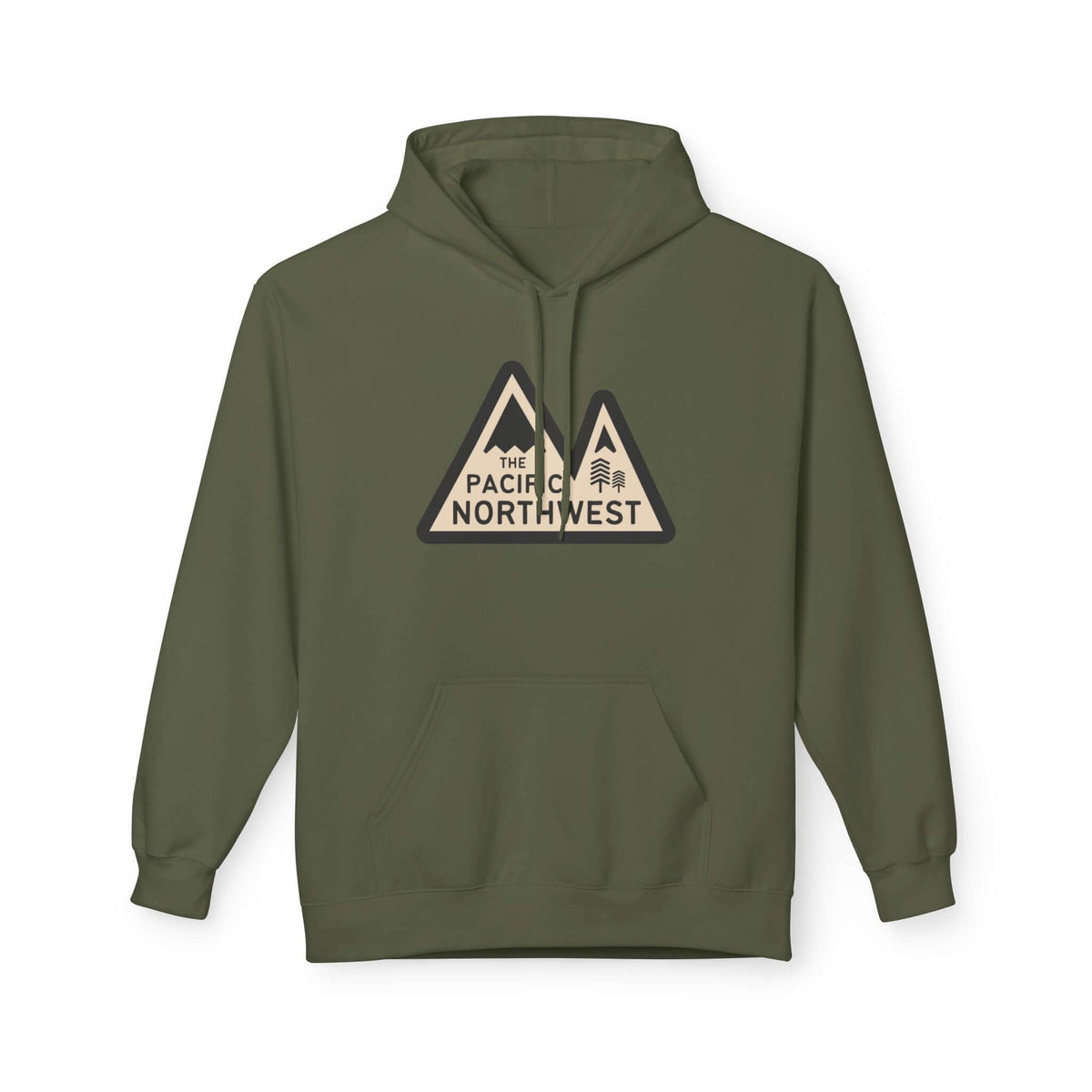 Pacific Northwest Heights Mountain Premium Midweight Hoodie in olive green with mountain graphic and bold text design.