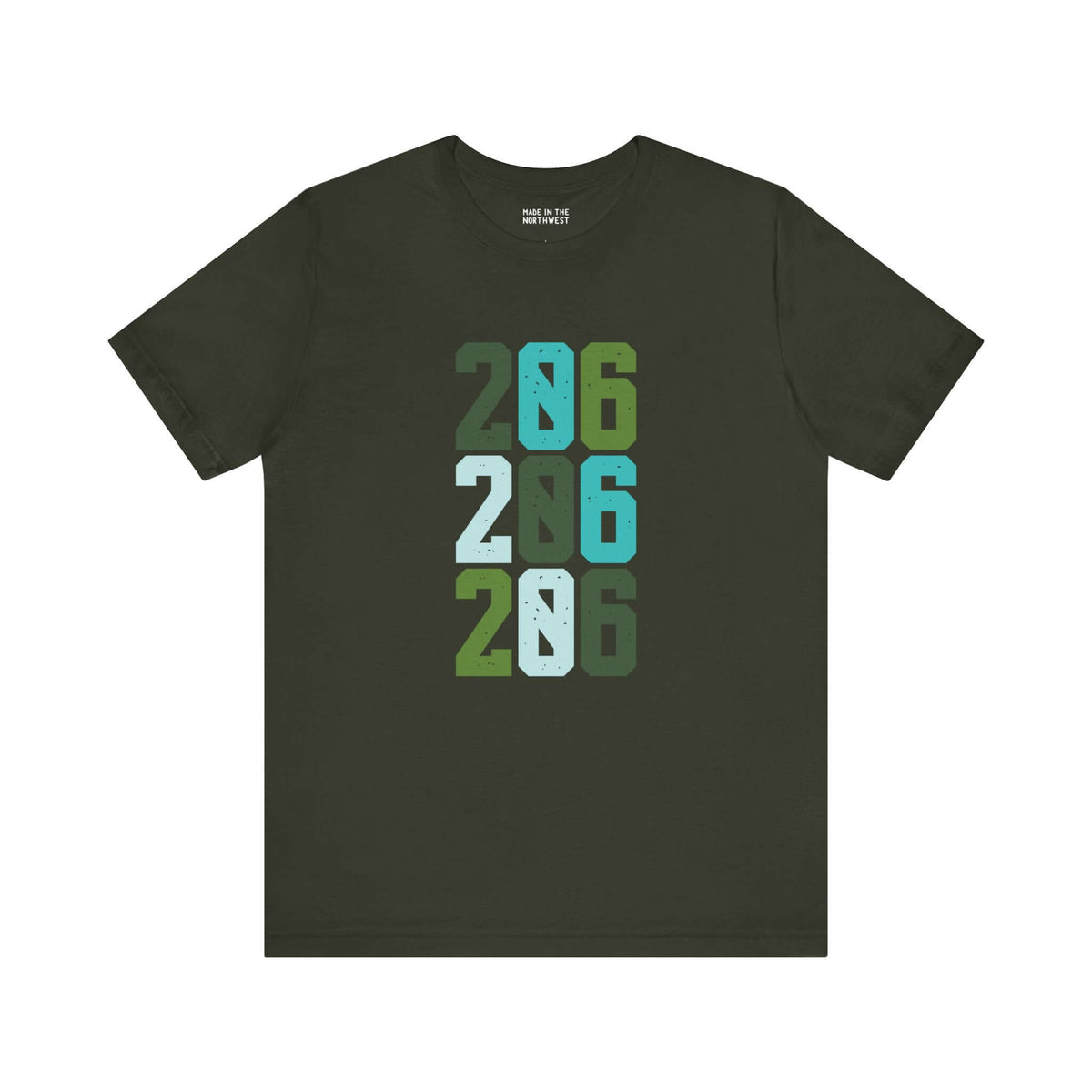 Two-Oh-Six Pop Premium Soft Tee in dark green featuring vibrant 206 design, perfect for Seattle locals.