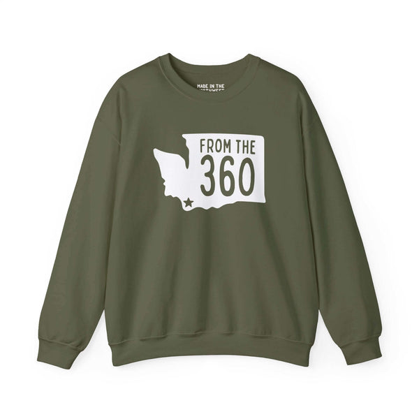 Green "From the 360" sweatshirt with Washington state silhouette and Vancouver star, showing local pride and area code.