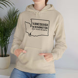 Person wearing Vancouver Washington hoodie with map graphic and Best Place on Earth slogan, showcasing hometown pride.