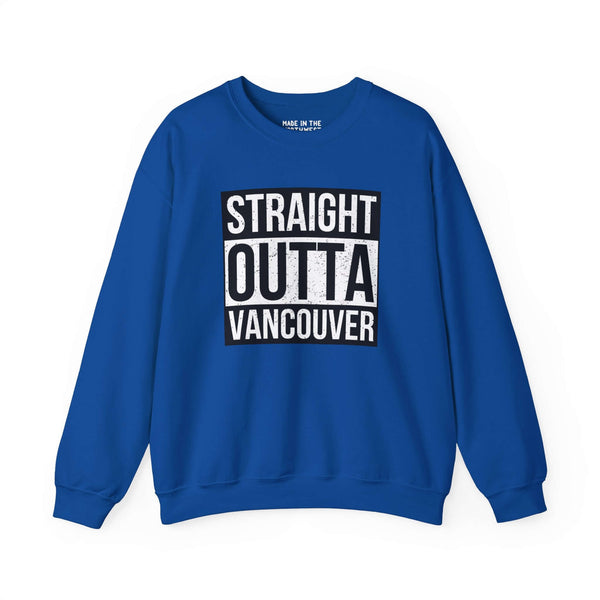 Blue "Straight Outta Vancouver" sweatshirt with bold text design, perfect for showing local pride and streetwear style.