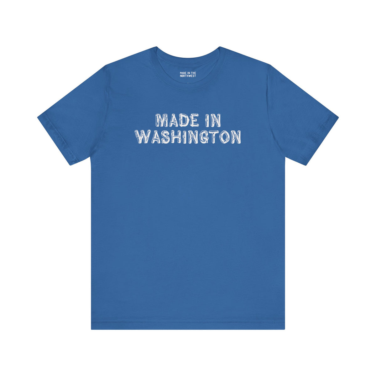 Premium soft blue tee with 'Made in Washington' in bold log font, celebrating Pacific Northwest pride.