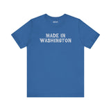 Premium soft blue tee with 'Made in Washington' in bold log font, celebrating Pacific Northwest pride.