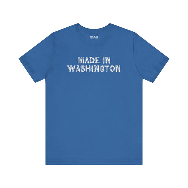 Premium soft blue tee with 'Made in Washington' in bold log font, celebrating Pacific Northwest pride.