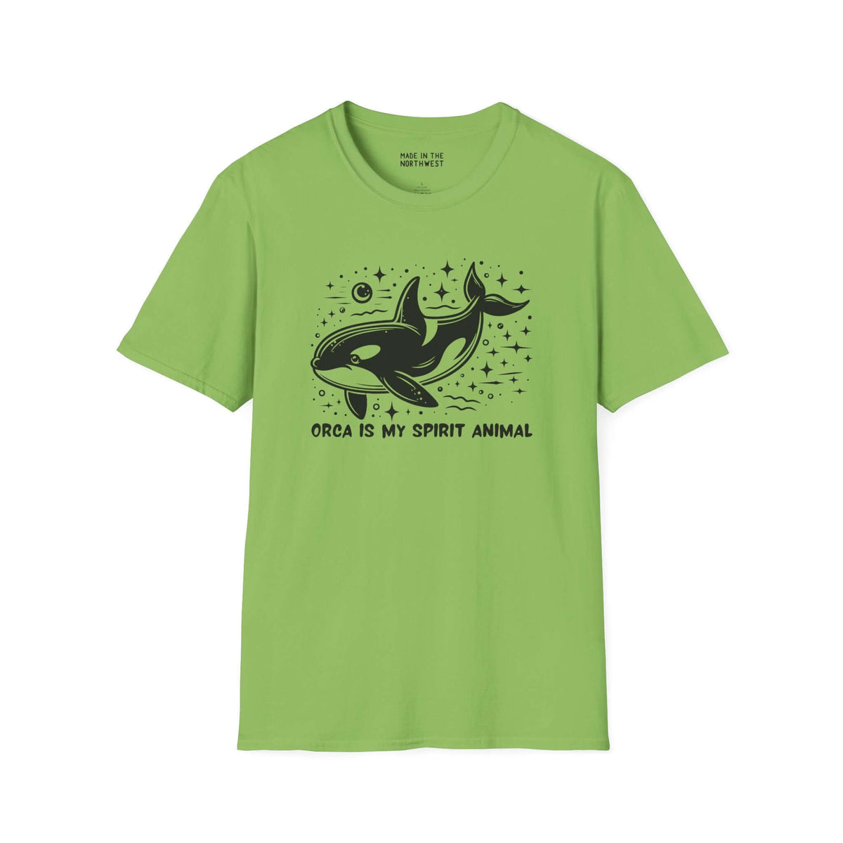 Green softstyle t-shirt featuring 'Orca Is My Spirit Animal' design with a playful orca graphic and starry background.