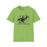 Green softstyle t-shirt featuring 'Orca Is My Spirit Animal' design with a playful orca graphic and starry background.