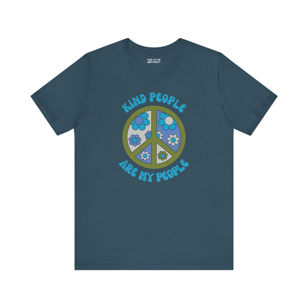 Kind People Are My People premium soft tee with floral peace sign design, promoting love and positivity.