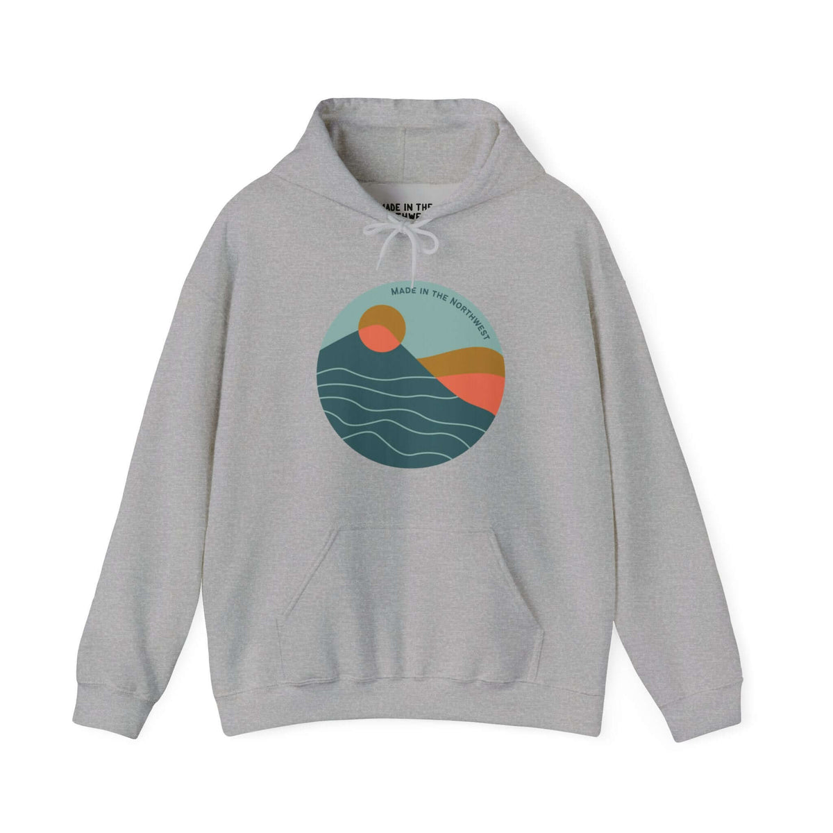 Pacific Peaks Modern Circle Hoodie with mountain scene design in vibrant colors, perfect for Pacific Northwest style enthusiasts.