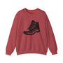 Red sweatshirt featuring a rugged hiking boot graphic with the text 'Trails Before Emails'.