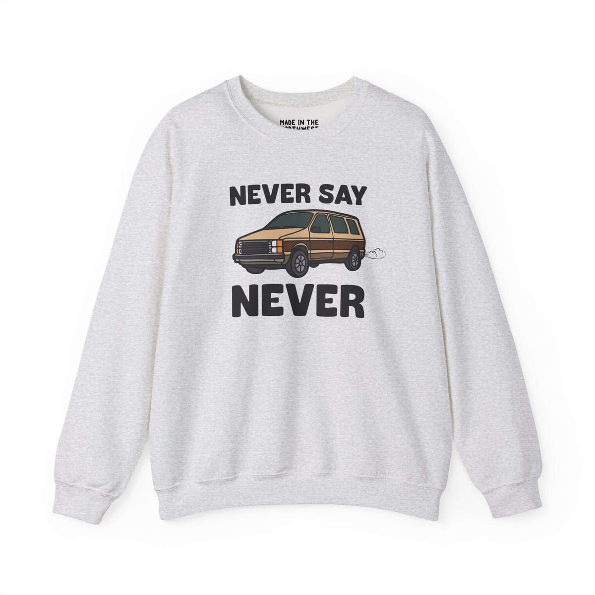 Never Say Never vintage 80s van sweatshirt featuring a Dodge Caravan graphic in a casual style.