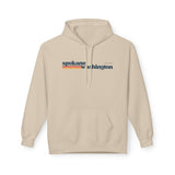 Retro Spokane Hoodie featuring minimalist design with Spokane, Washington graphic in warm retro stripes.