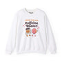 White sweatshirt with "Support Your Local Caffeine Dealer" text and playful coffee and donut graphic.