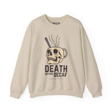 Death Before Decaf skull mug sweatshirt for coffee enthusiasts, featuring a bold design ideal for caffeine lovers.