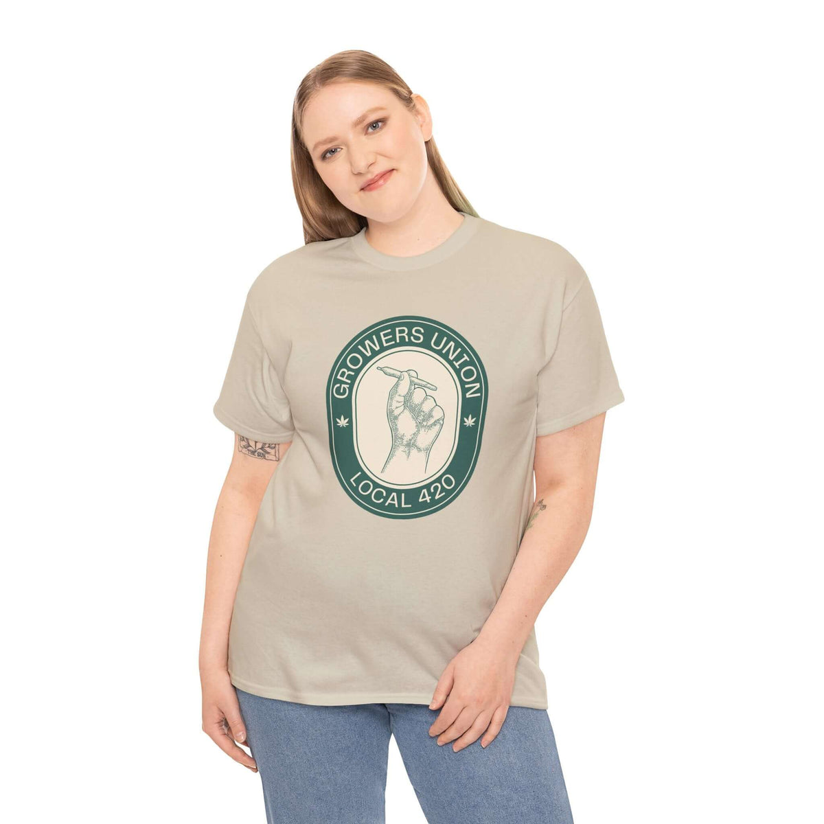 Person wearing Grower's Union Local 420 Athletic Tee with hand holding joint illustration.