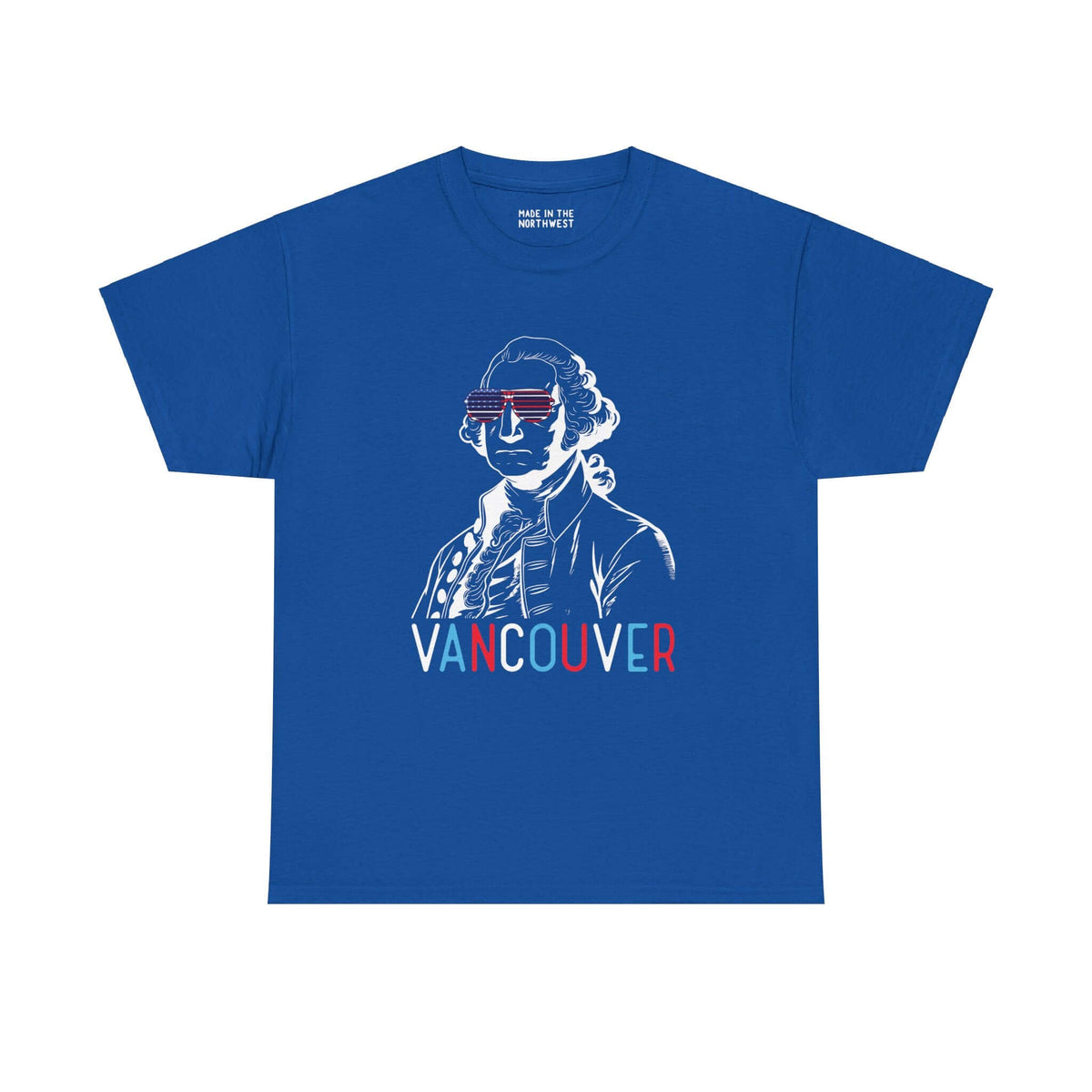 Blue athletic tee featuring George Vancouver with USA sunglasses and "Vancouver" text in patriotic colors for July Fourth celebrations.