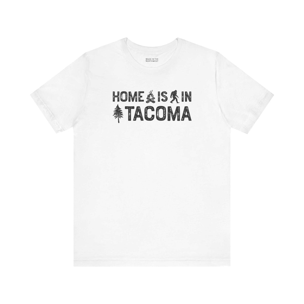 Home is in Tacoma tee featuring PNW symbols on a white shirt, celebrating Tacoma's grit and creative spirit.