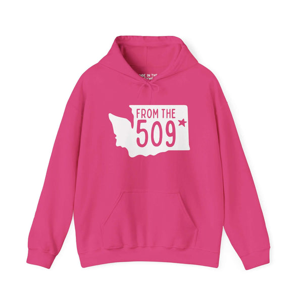 Pink "From the 509" hoodie featuring Washington state silhouette with a star marking Spokane, showcasing local pride.