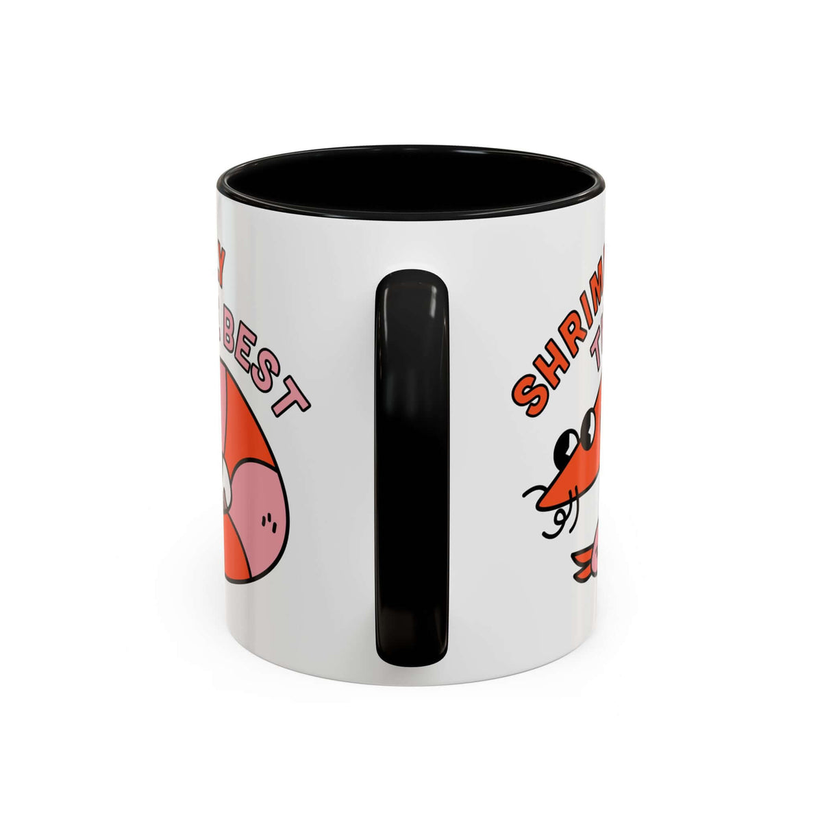 Shrimply The Best Mug featuring a playful shrimp illustration and humorous seafood pun design.