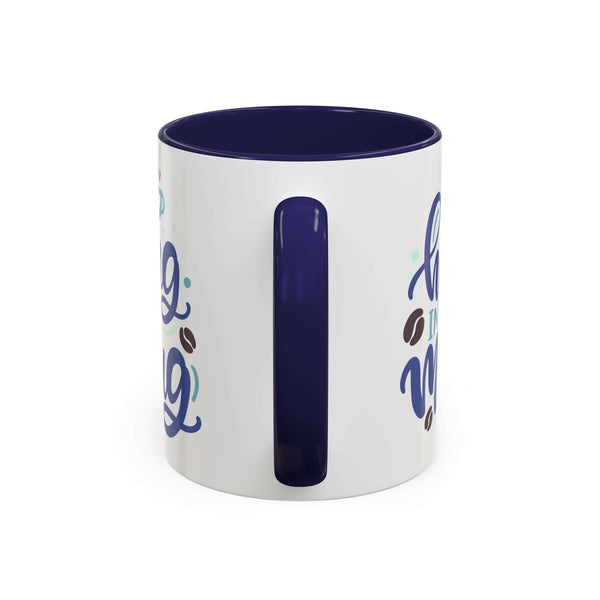 Hug in a Mug Coffee Mug with playful design and navy interior, perfect for cozy morning rituals.