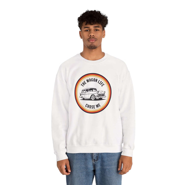 The Wagon Life Chose Me cozy sweatshirt with vintage Chevy Nomad design, perfect for classic car enthusiasts.