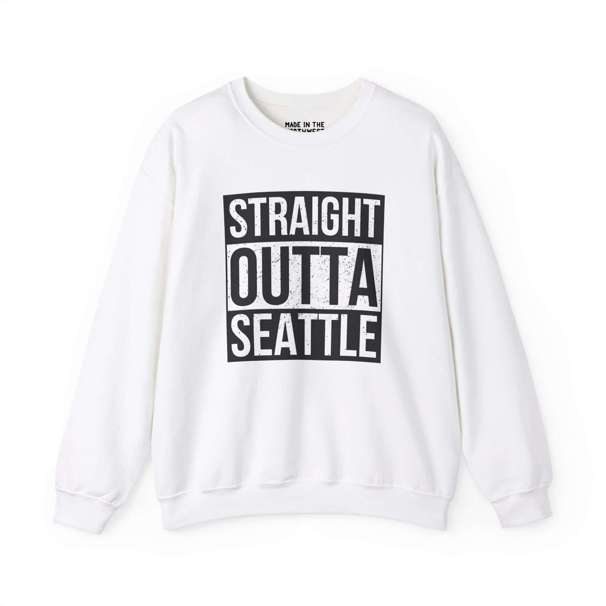 White sweatshirt featuring 'Straight Outta Seattle' design for local pride and streetwear style.