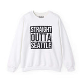 White sweatshirt featuring 'Straight Outta Seattle' design for local pride and streetwear style.