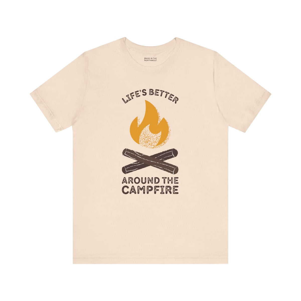 Life's Better Around the Campfire T Shirt featuring campfire graphic and text design.