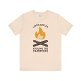 Life's Better Around the Campfire T Shirt featuring campfire graphic and text design.
