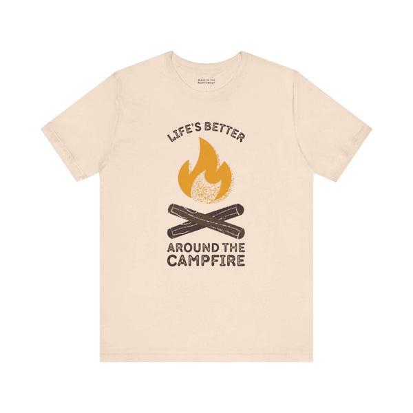 Life's Better Around the Campfire T Shirt featuring campfire graphic and text design.