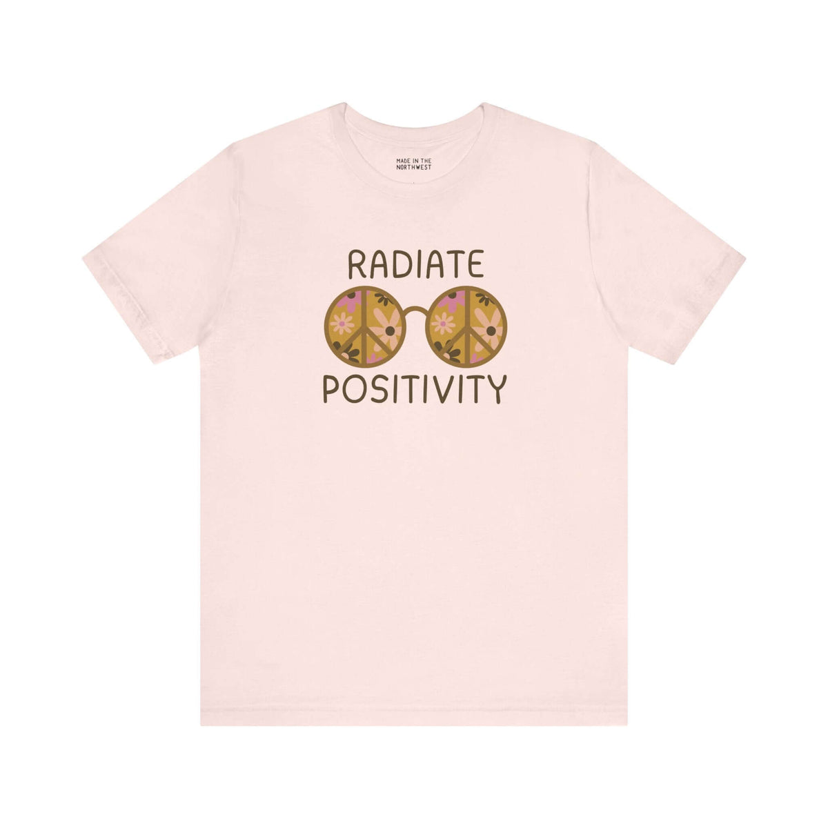 Radiate Positivity Premium Soft Tee with vibrant floral glasses design, promoting kindness and good energy.