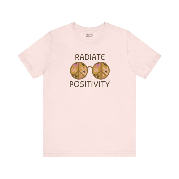 Radiate Positivity Premium Soft Tee with vibrant floral glasses design, promoting kindness and good energy.