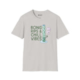 Bong Rips & Chill Vibes softstyle t-shirt featuring a graphic of a bong with smoke.