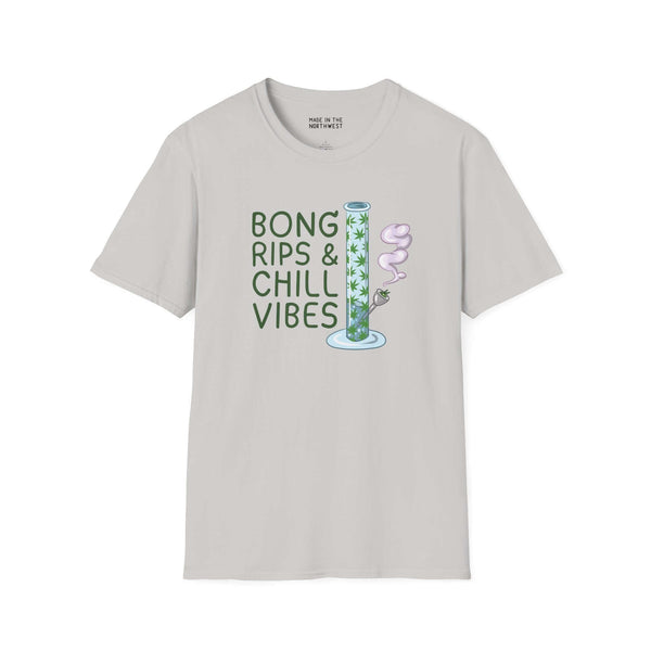 Bong Rips & Chill Vibes softstyle t-shirt featuring a graphic of a bong with smoke.