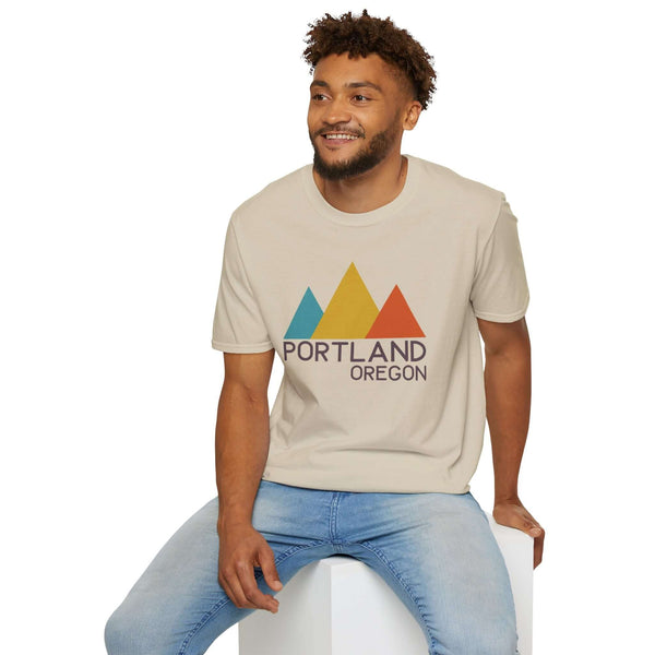 Modern Peaks Portland T Shirt featuring minimalist mountain design with Portland, Oregon text