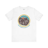 White hiking tee with colorful forest design and 